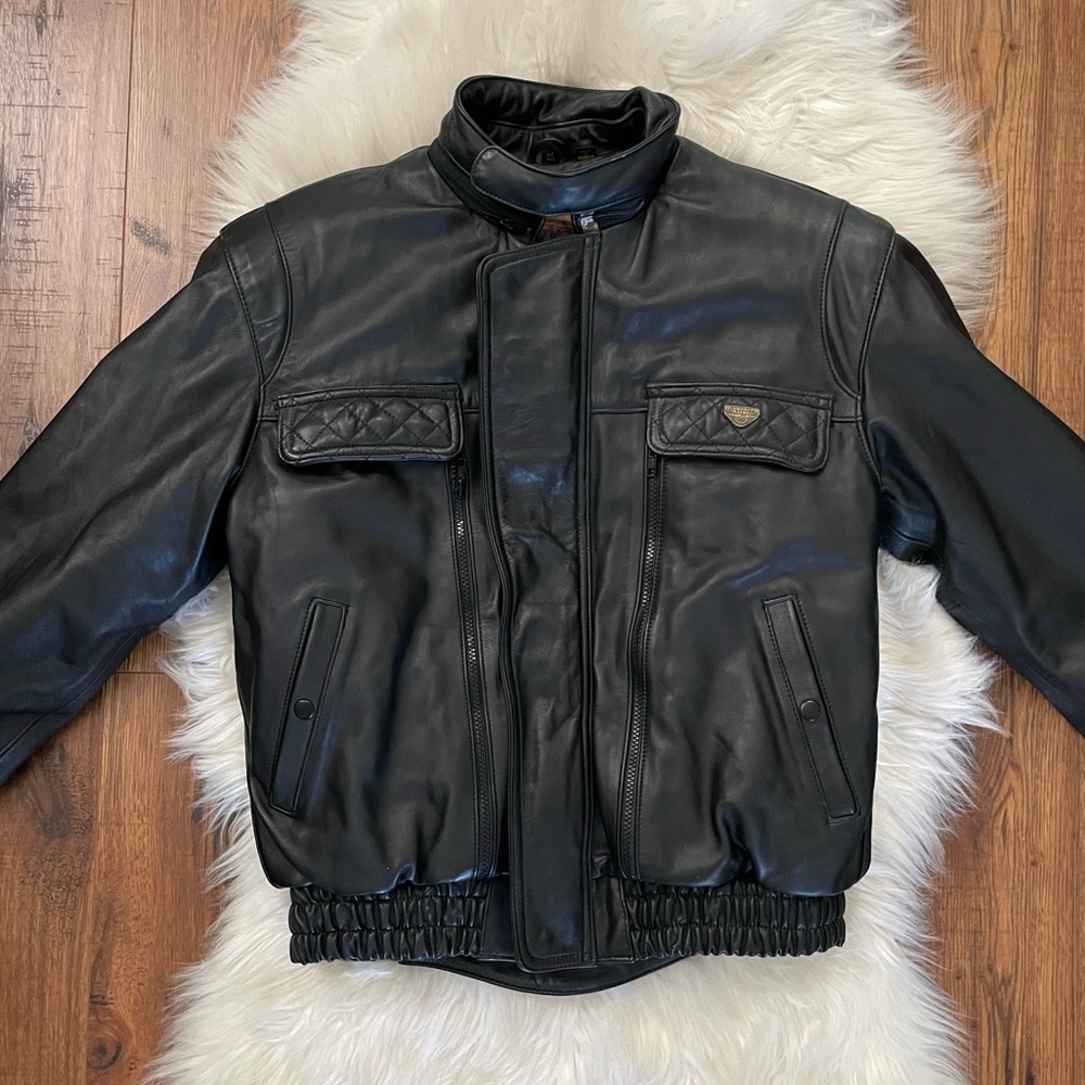 VINTAGE FIRSTGEAR by Hein Gericke, Leather Motorcycle Jacket Black Size M TALL